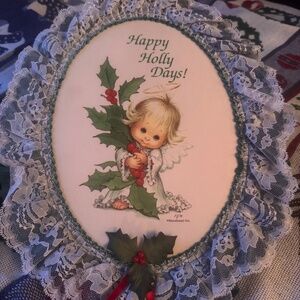 Vintage Christmas Happy Holly Days Angel Baby Wall Decor